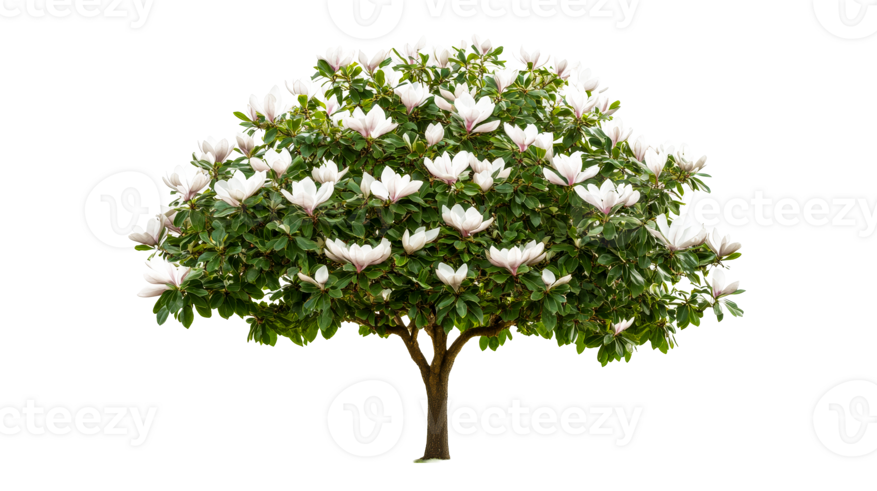 Magnolia tree full of white flowers, blooming, greenery, cut out transparent png