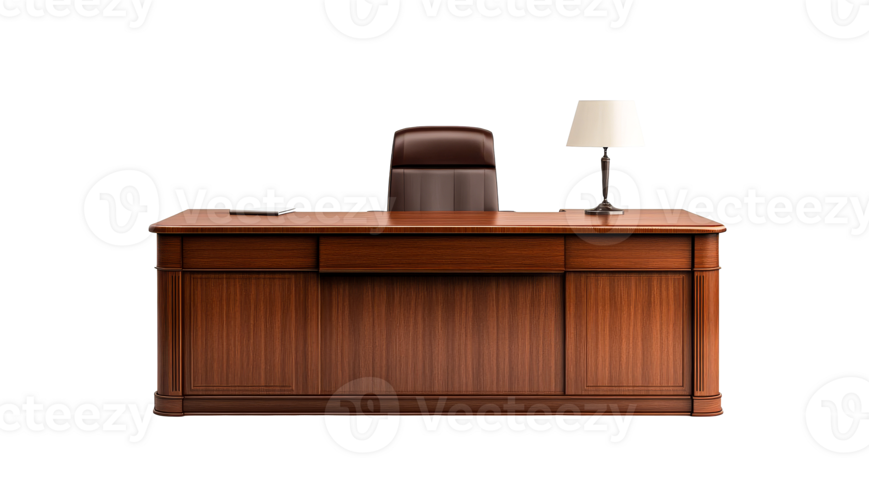Wooden office desk with lamp and chair, cut out transparent png