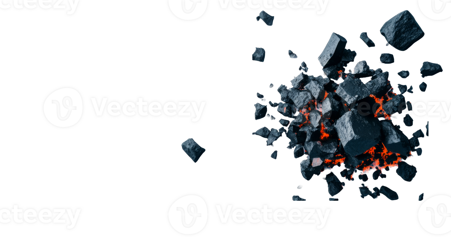 Volcanic rocks with lava eruption, dark fragments, cut out transparent png