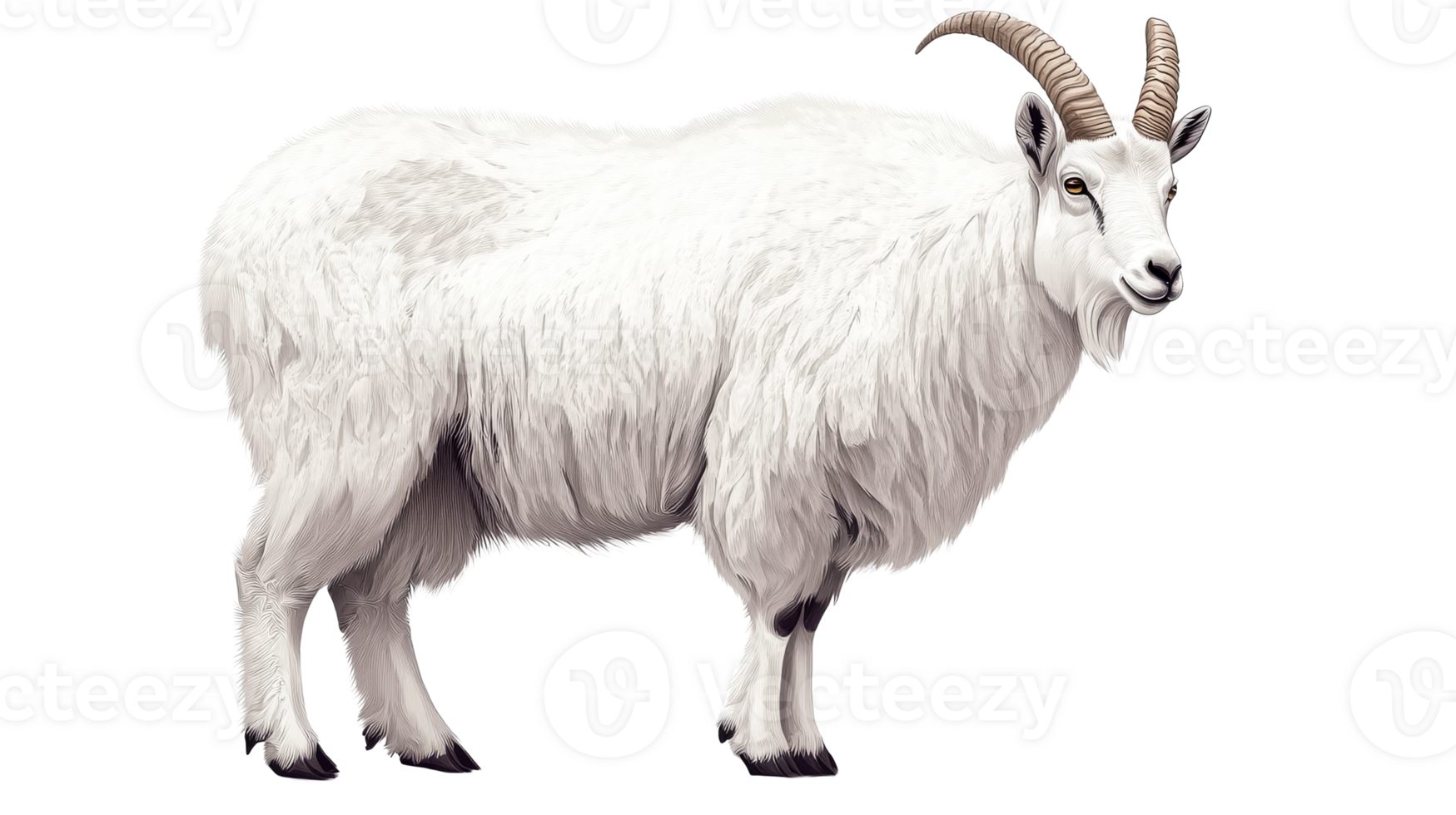 Mountain goat with majestic horns, long fur, cut out transparent png