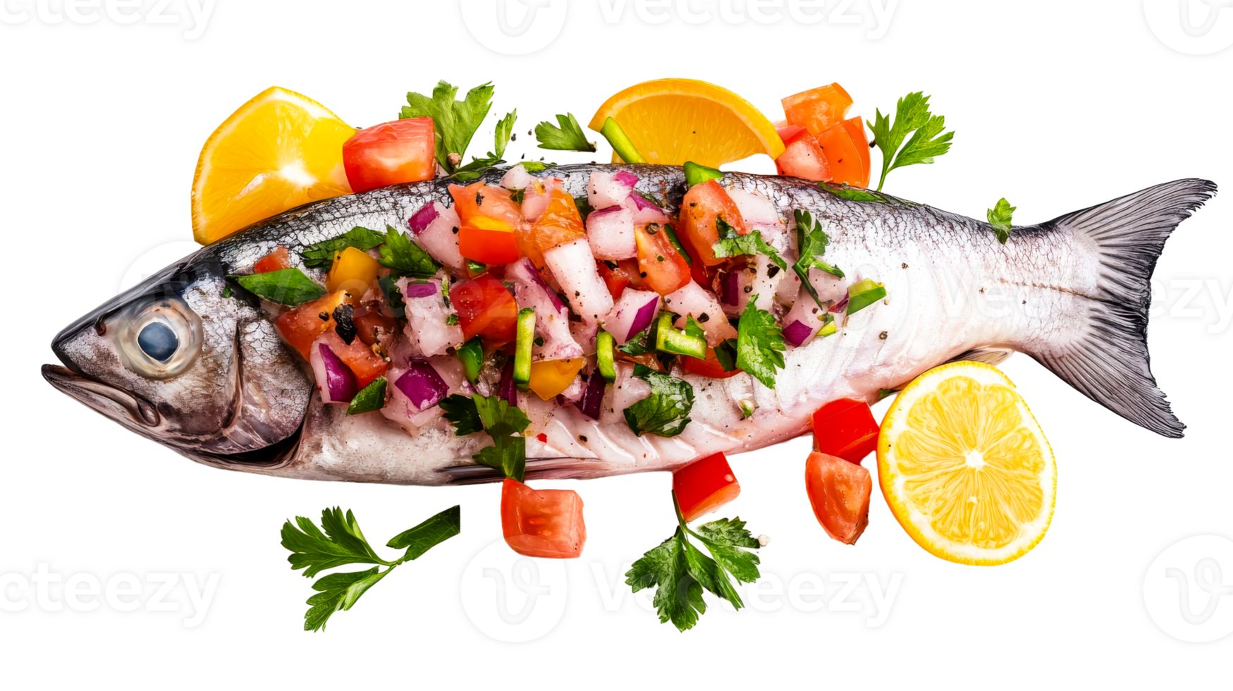 Fresh fish topped with vegetables and citrus fruits, cut out transparent png