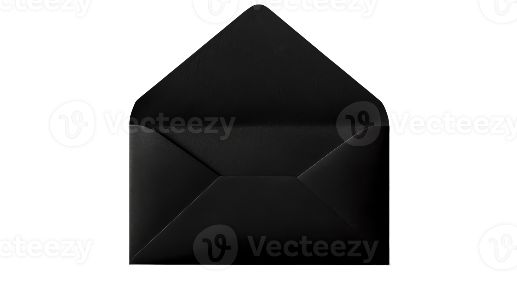 Open black paper envelope on dark background, cut out transparent png