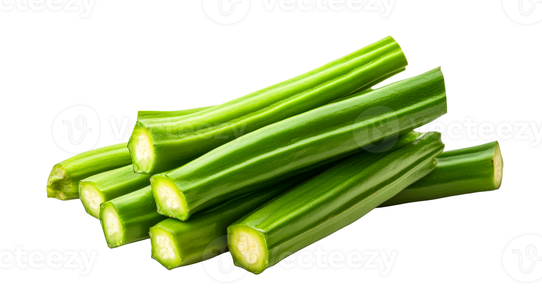 Fresh green okra pods close up isolated, cut out transparent png