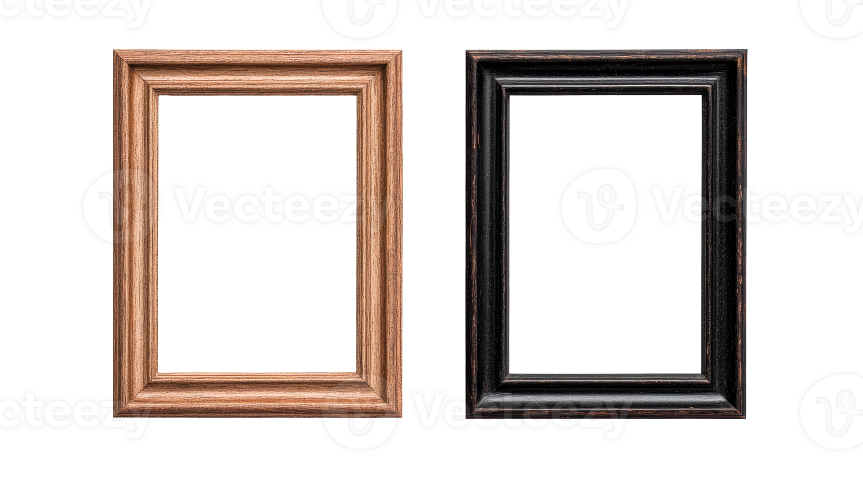 Two stylish empty wooden photo frames, isolated, black background, cut out transparent png
