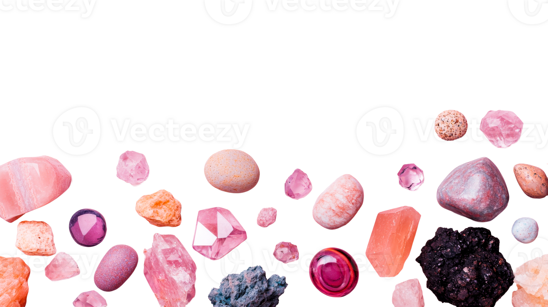Assorted pink-toned gemstones and minerals composition, cut out transparent png