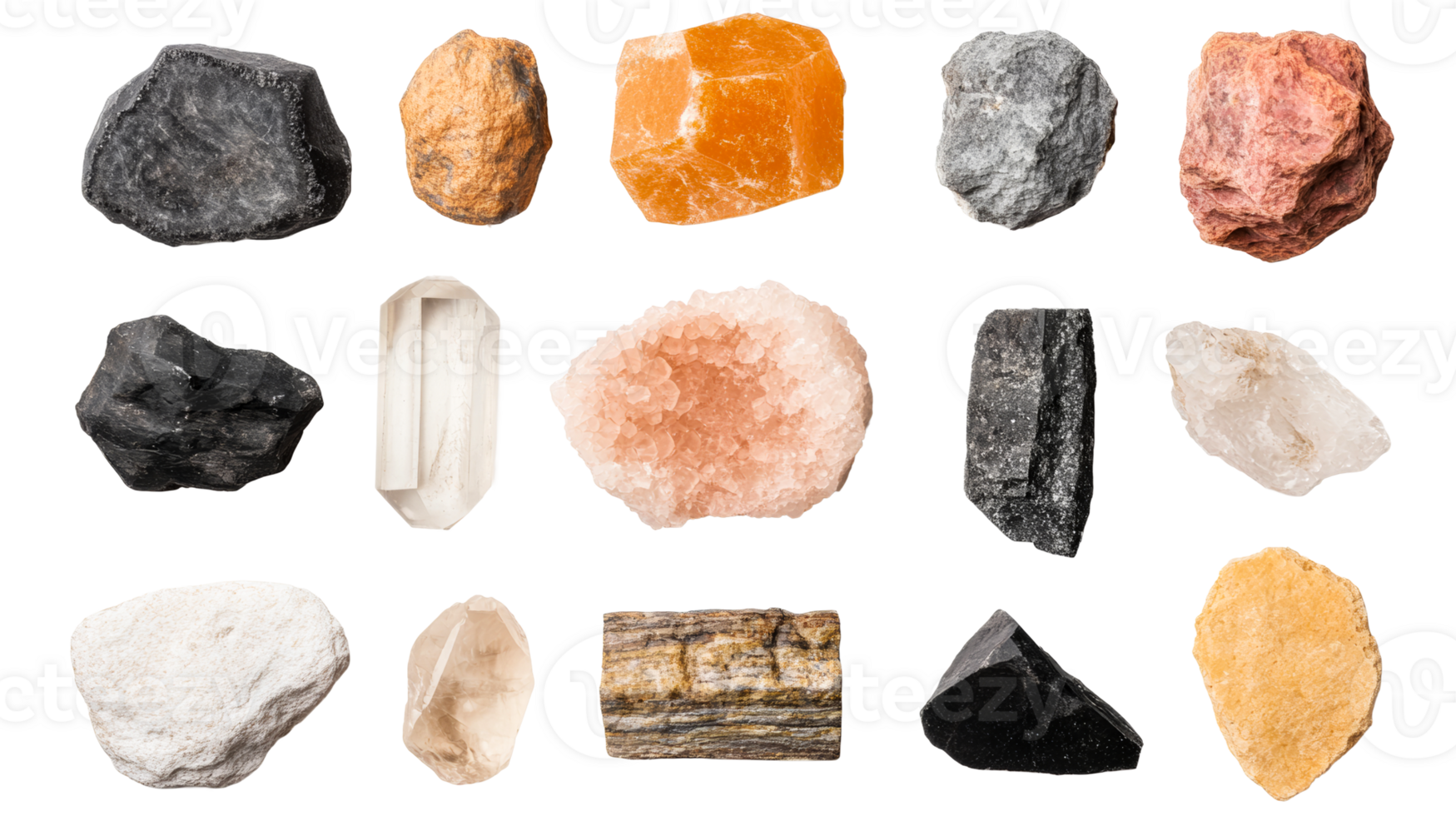 Collection of diverse mineral specimens on black background, cut out transparent png