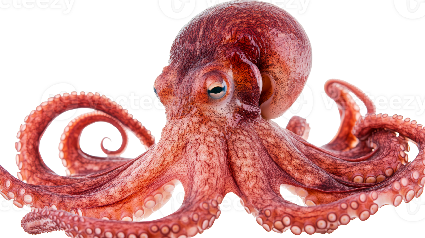 Detailed octopus with tentacles isolated on black backdrop, cut out transparent png