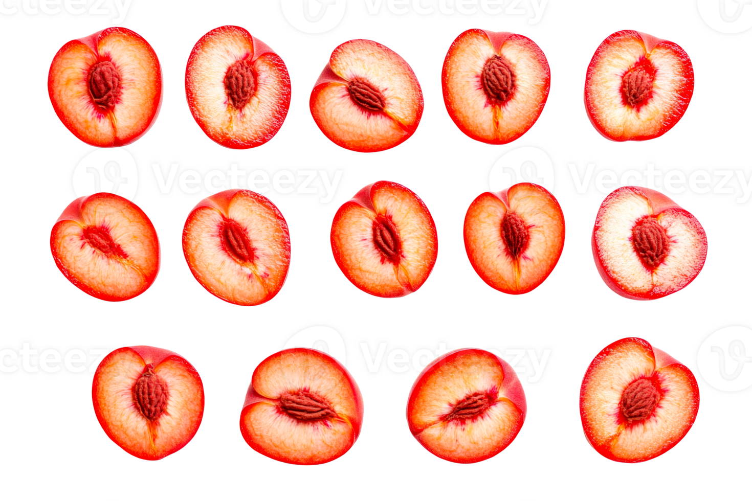 Peach halves array, fruit pattern, studio food shot, red color, cut out transparent png