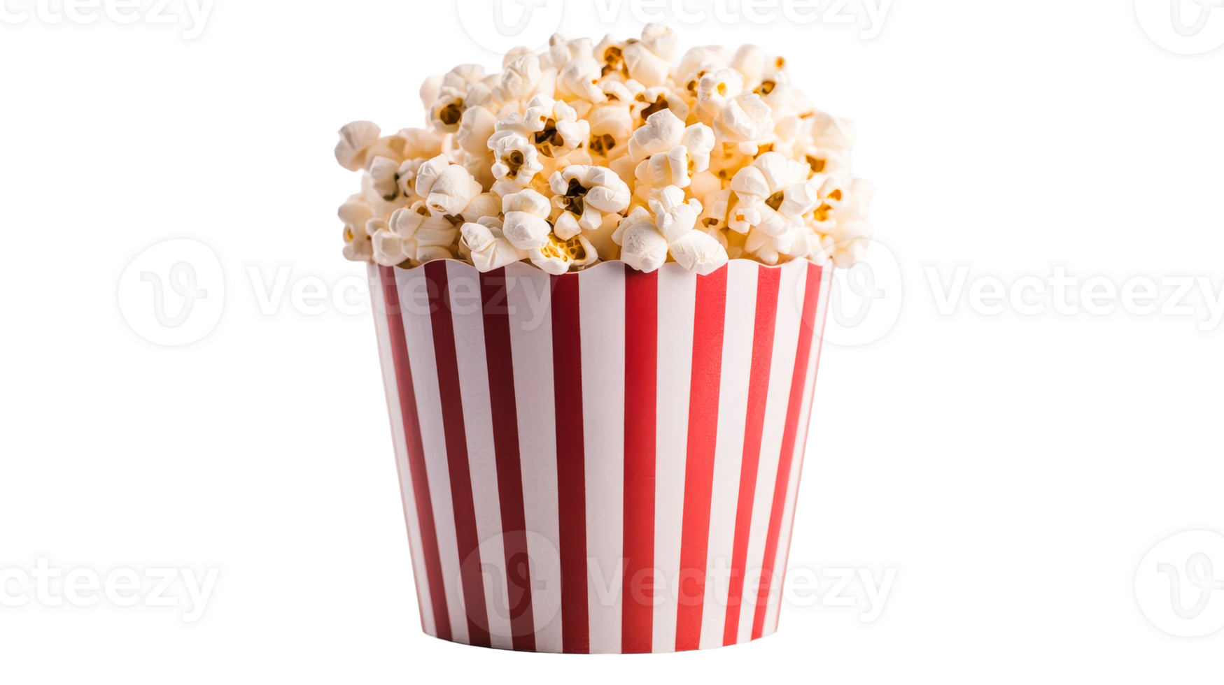 Bucket of popcorn. Cinema snack isolated on black background, cut out transparent png