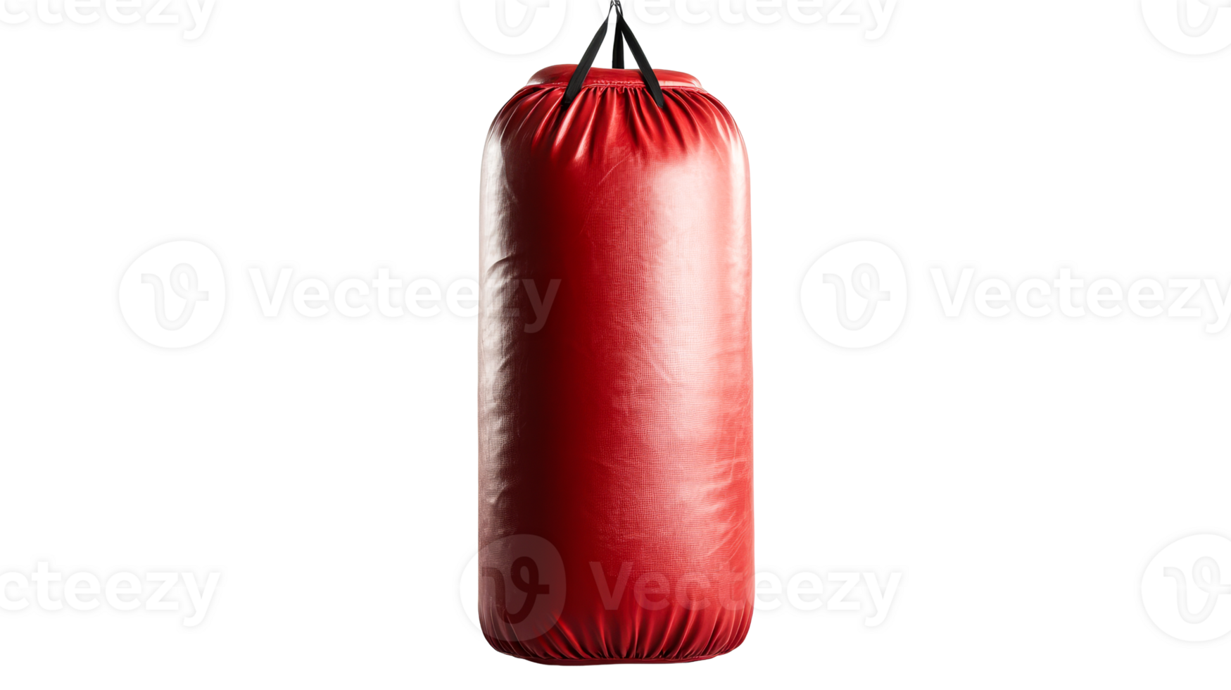 Red punching bag hanging on black backdrop, cut out transparent png