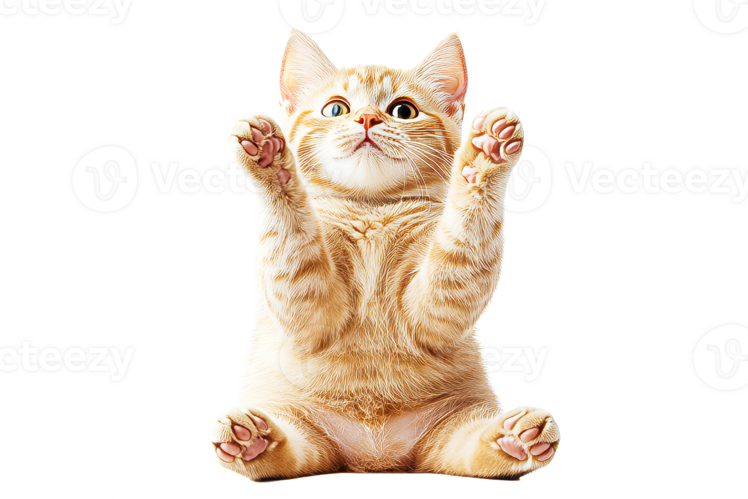 Cute tabby kitten with paws up, playful pose, isolated, cut out transparent png