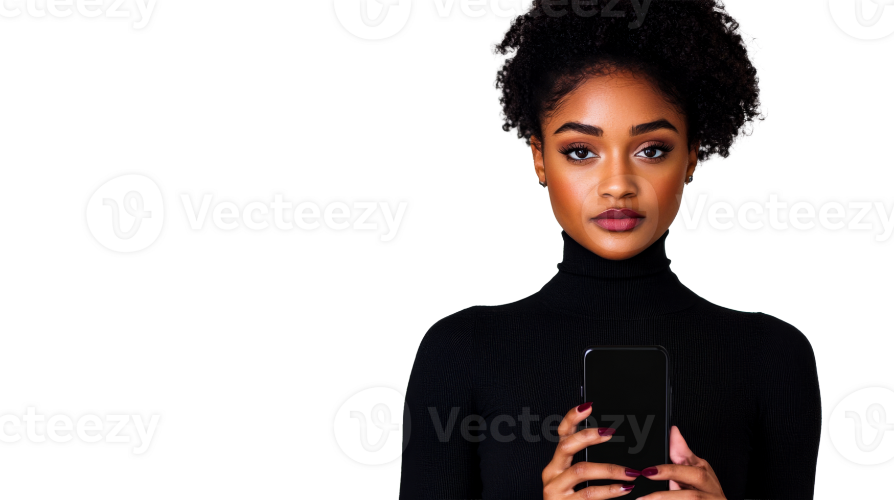 Beautiful dark skinned woman using a phone, cut out transparent png
