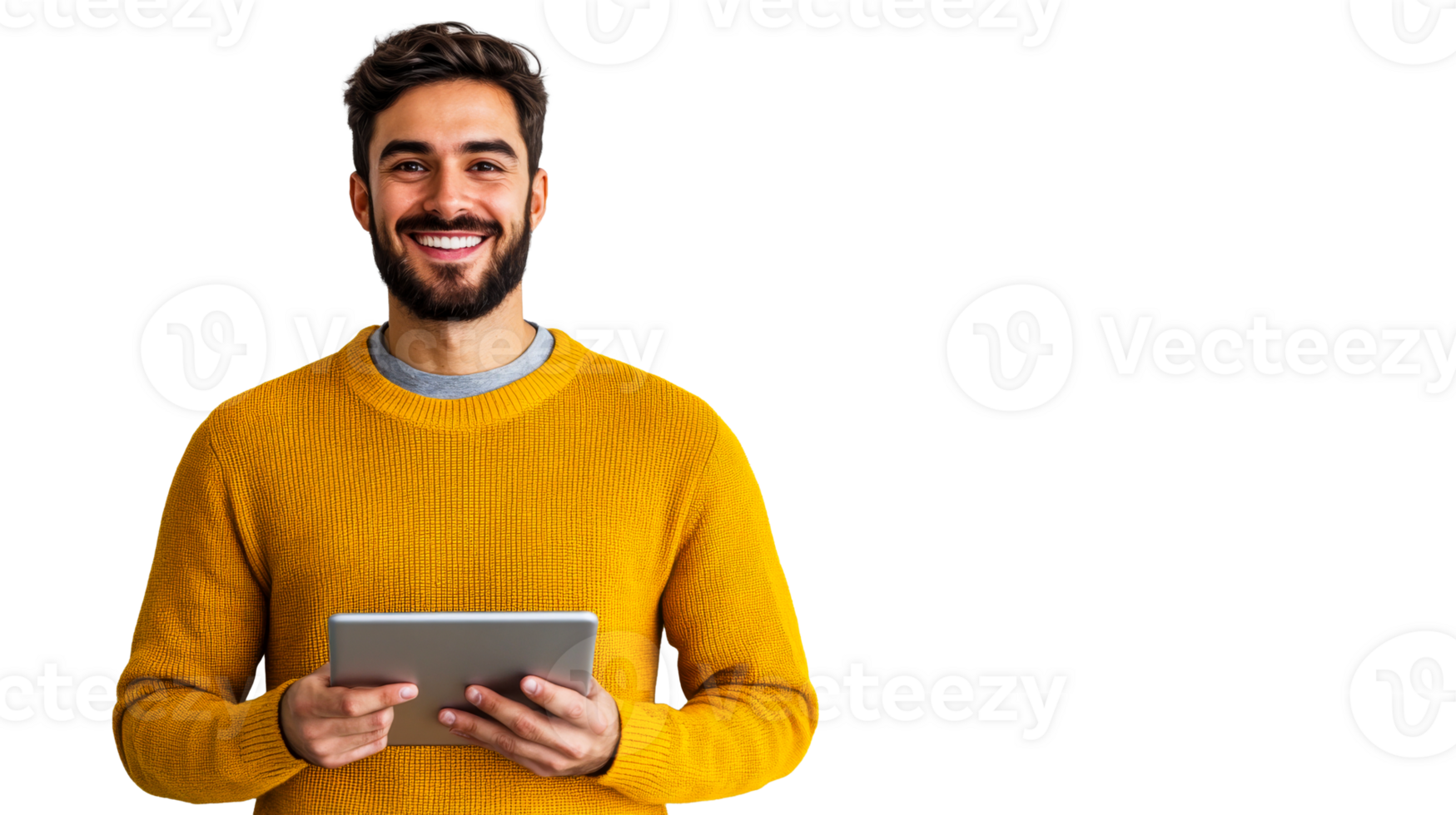Young man smiling while holding a tablet with a transparent background png