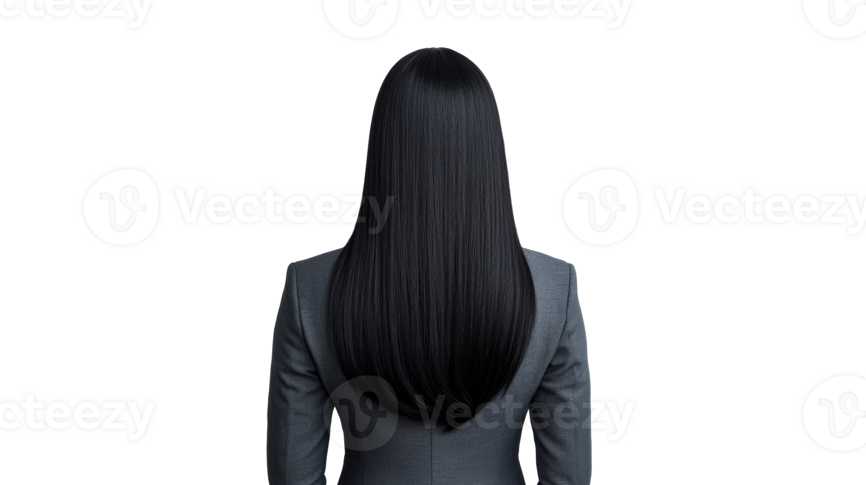 Dark-haired woman in a gray suit, rear view, isolated, cut out transparent png