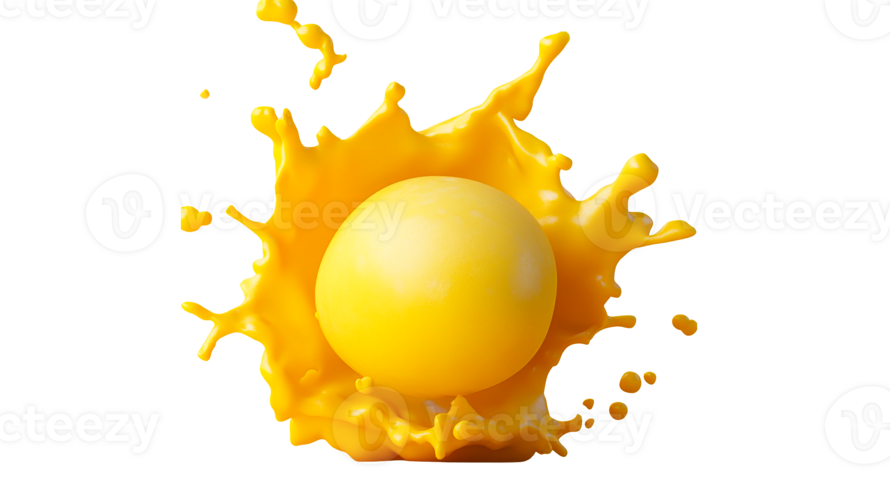 Yellow liquid splash and sphere, abstract burst, isolated, cut out transparent png
