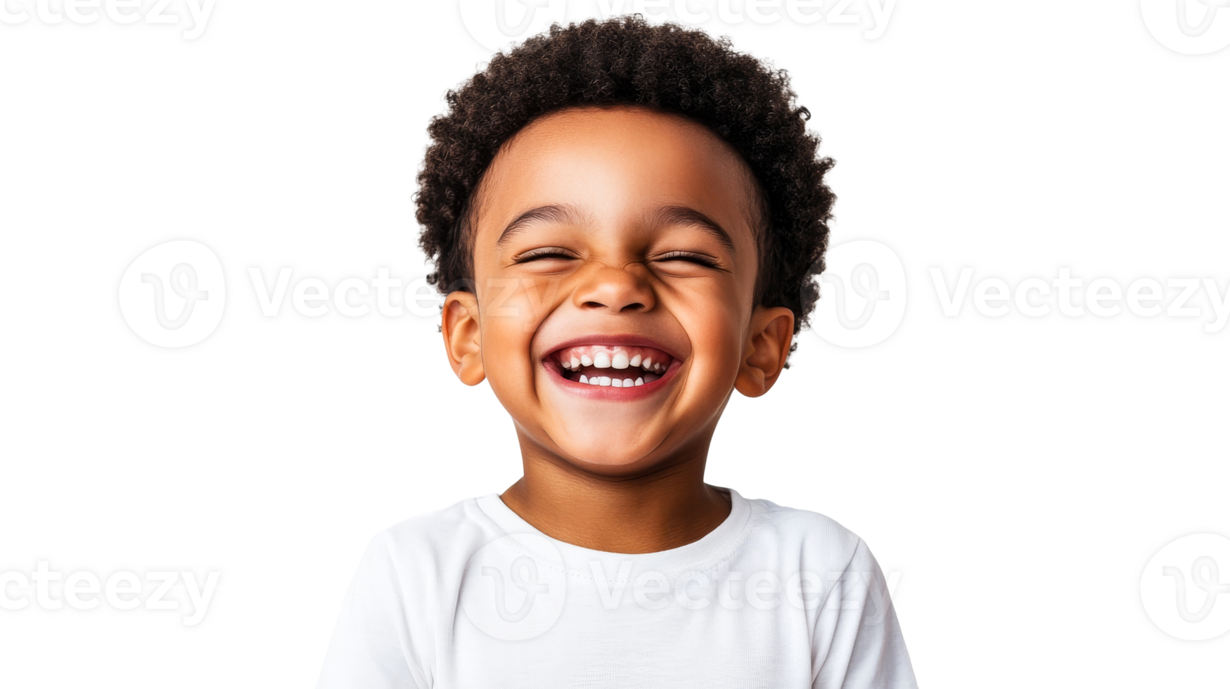 Gleeful child laughs heartily with closed eyes in white shirt, cut out transparent png