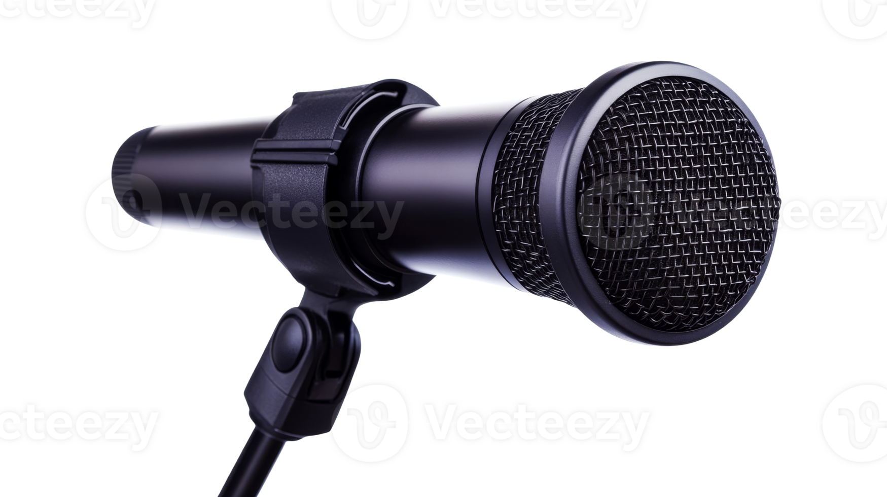 Black microphone isolated on black background, cut out transparent png