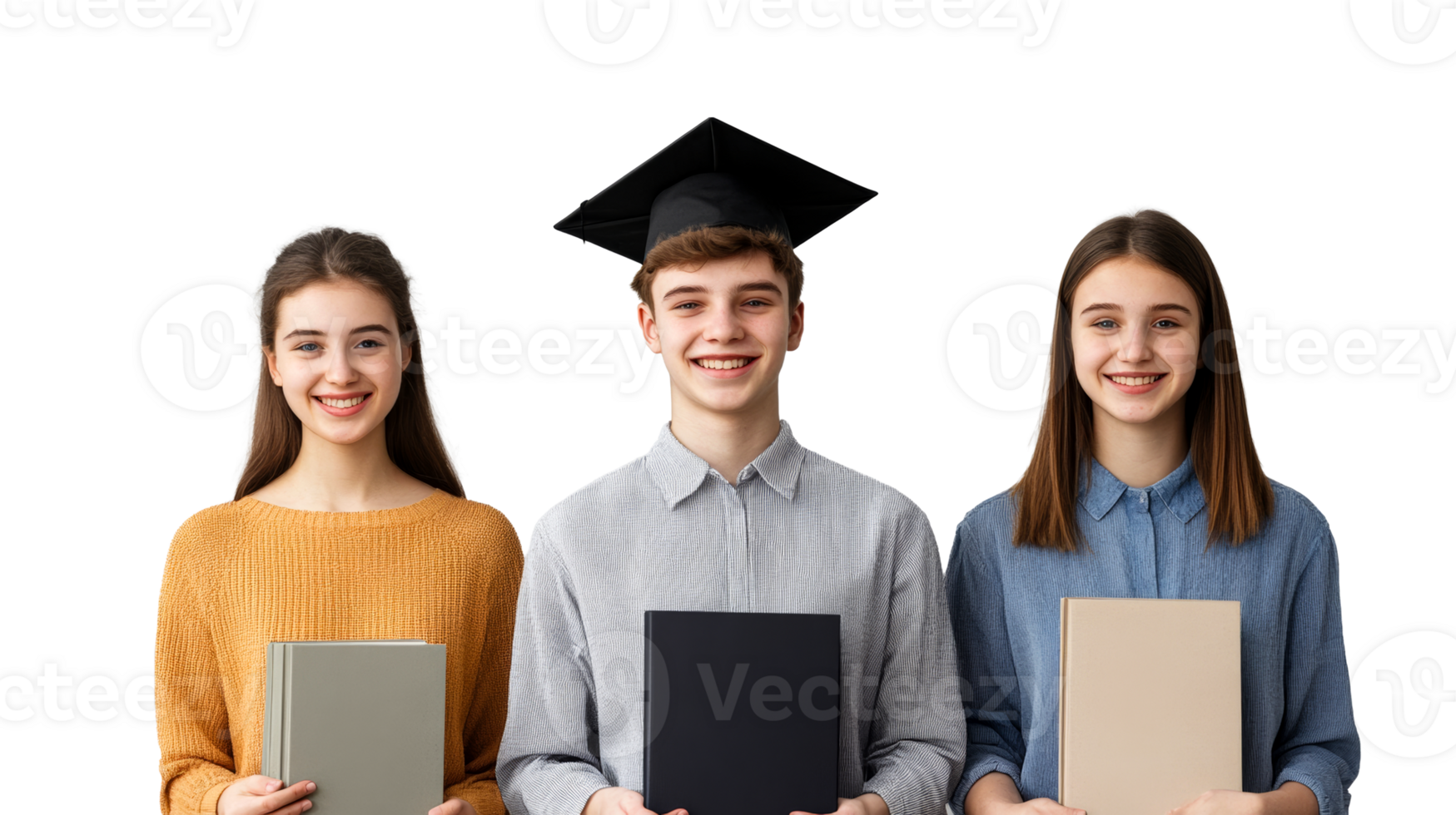 Three Smiling Graduates Hold Books in Studio, cut out transparent png