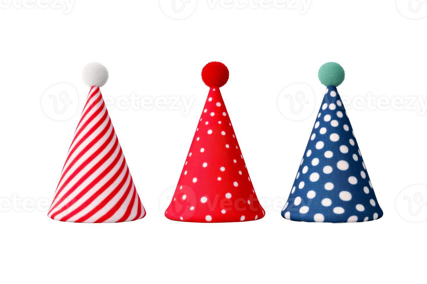 Three party hats with stripes and polka dots pattern, cut out transparent png