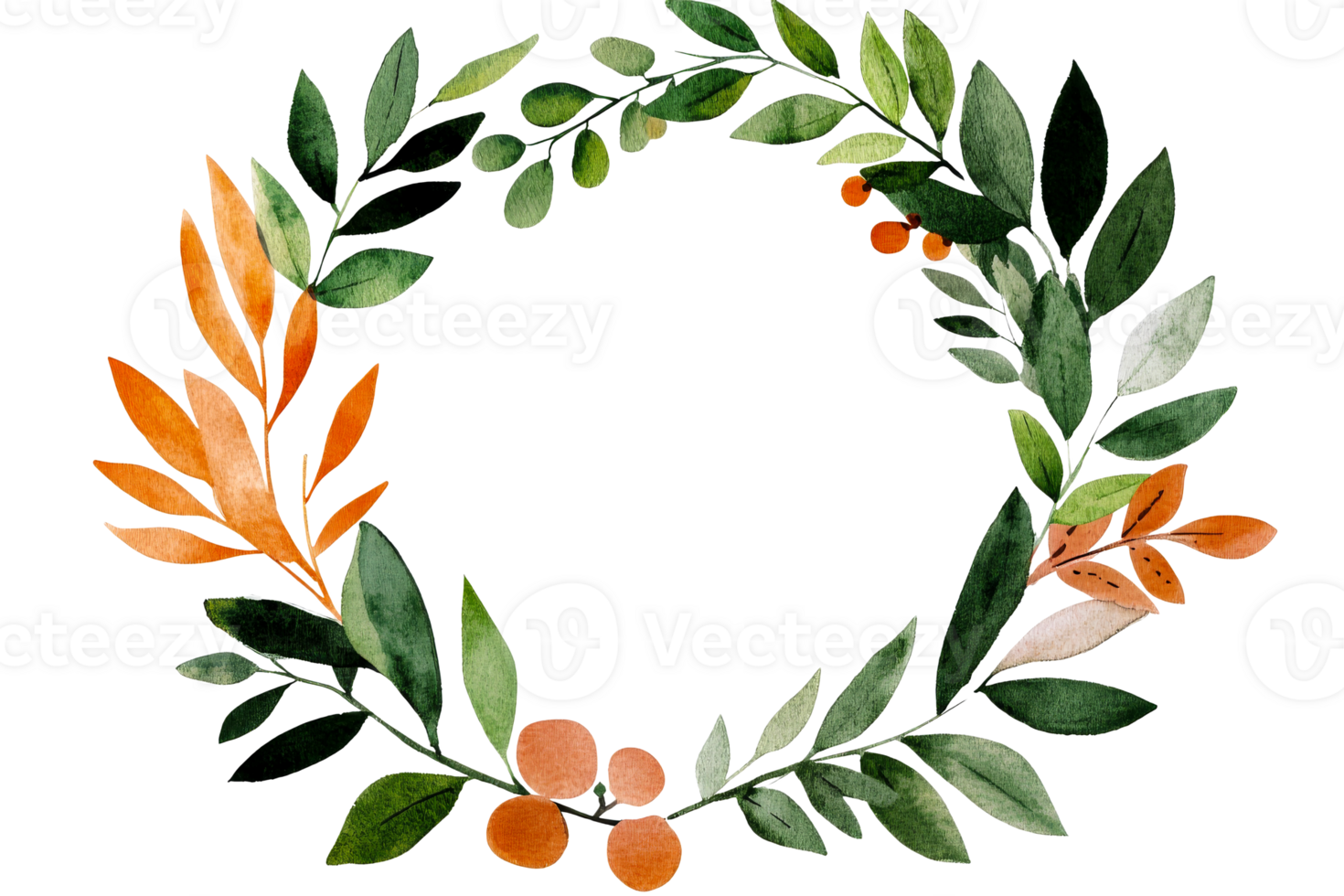 Botanical frame of leaves and orange fruits in watercolor, cut out transparent png