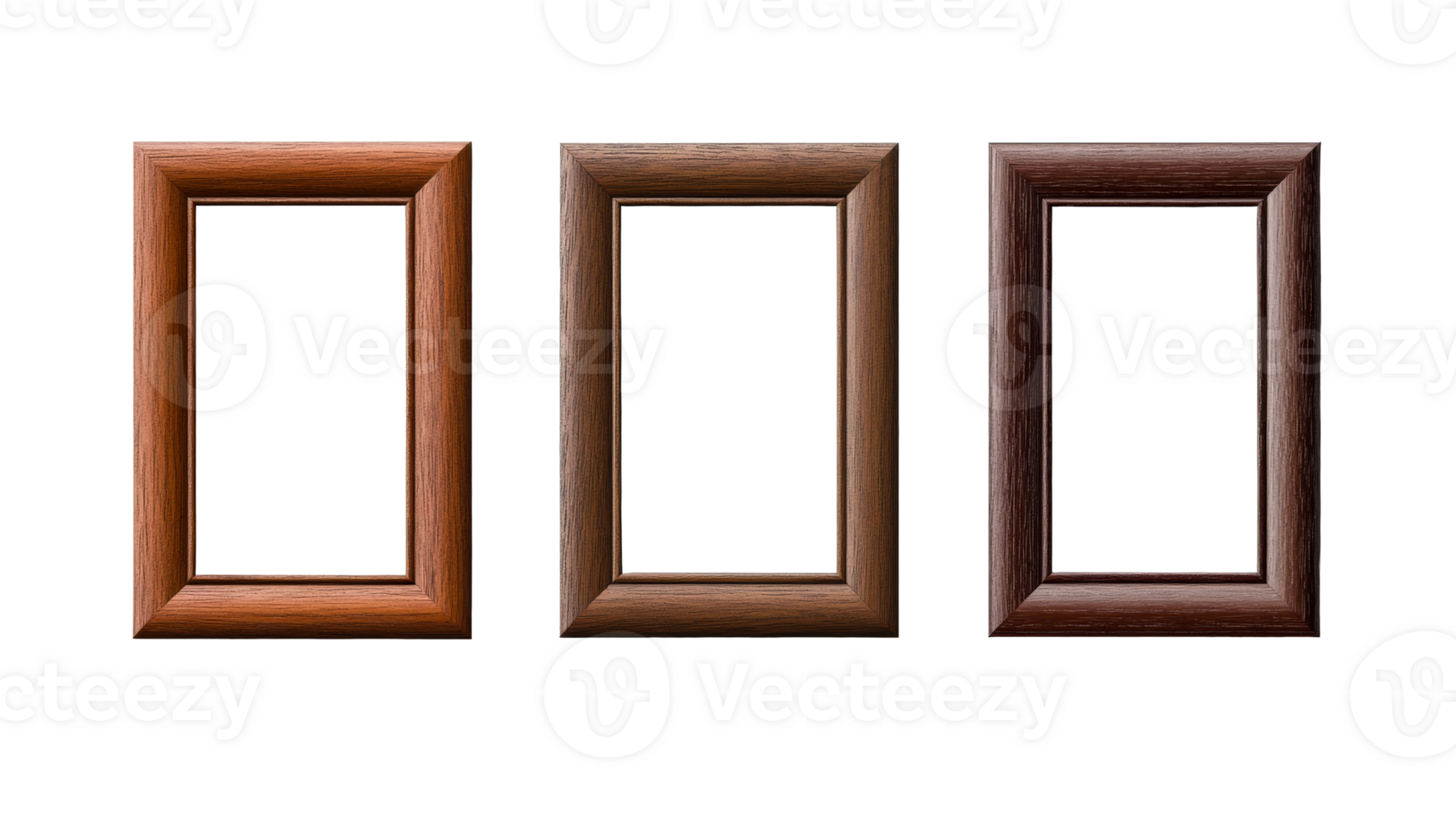 Three brown wooden frames in a row on black background, cut out transparent png