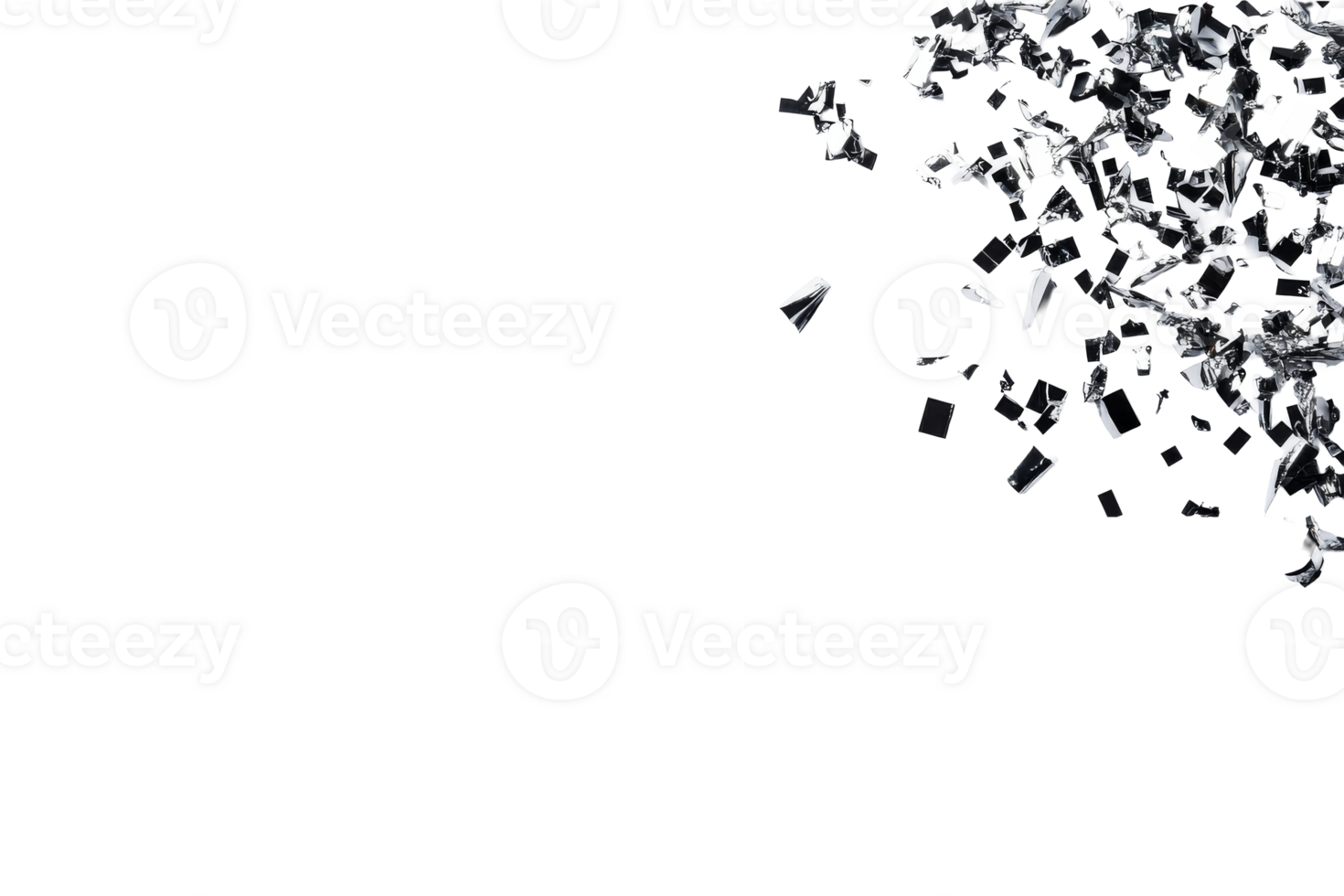 Shattered clear glass fragments exploding on black background, cut out transparent png