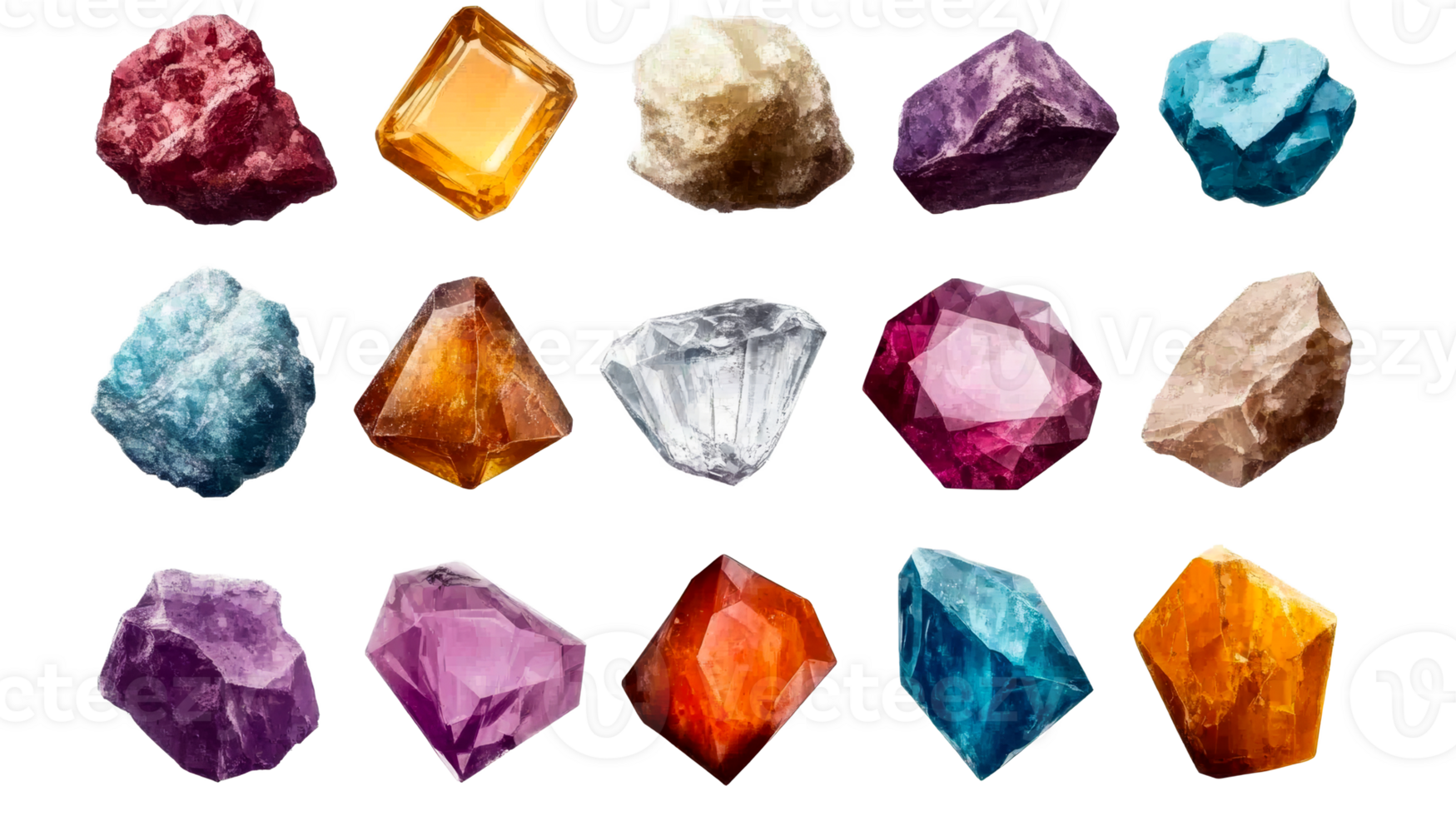 Collection of Raw and Cut Gems, Set of Assorted Minerals, cut out transparent png