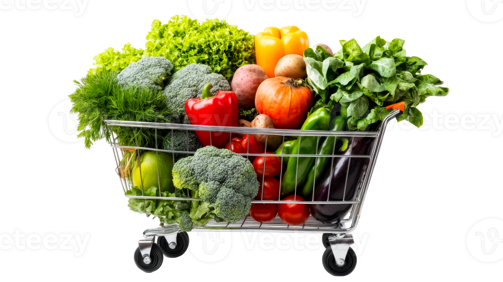 Shopping cart with vibrant produce assortment, cut out transparent png
