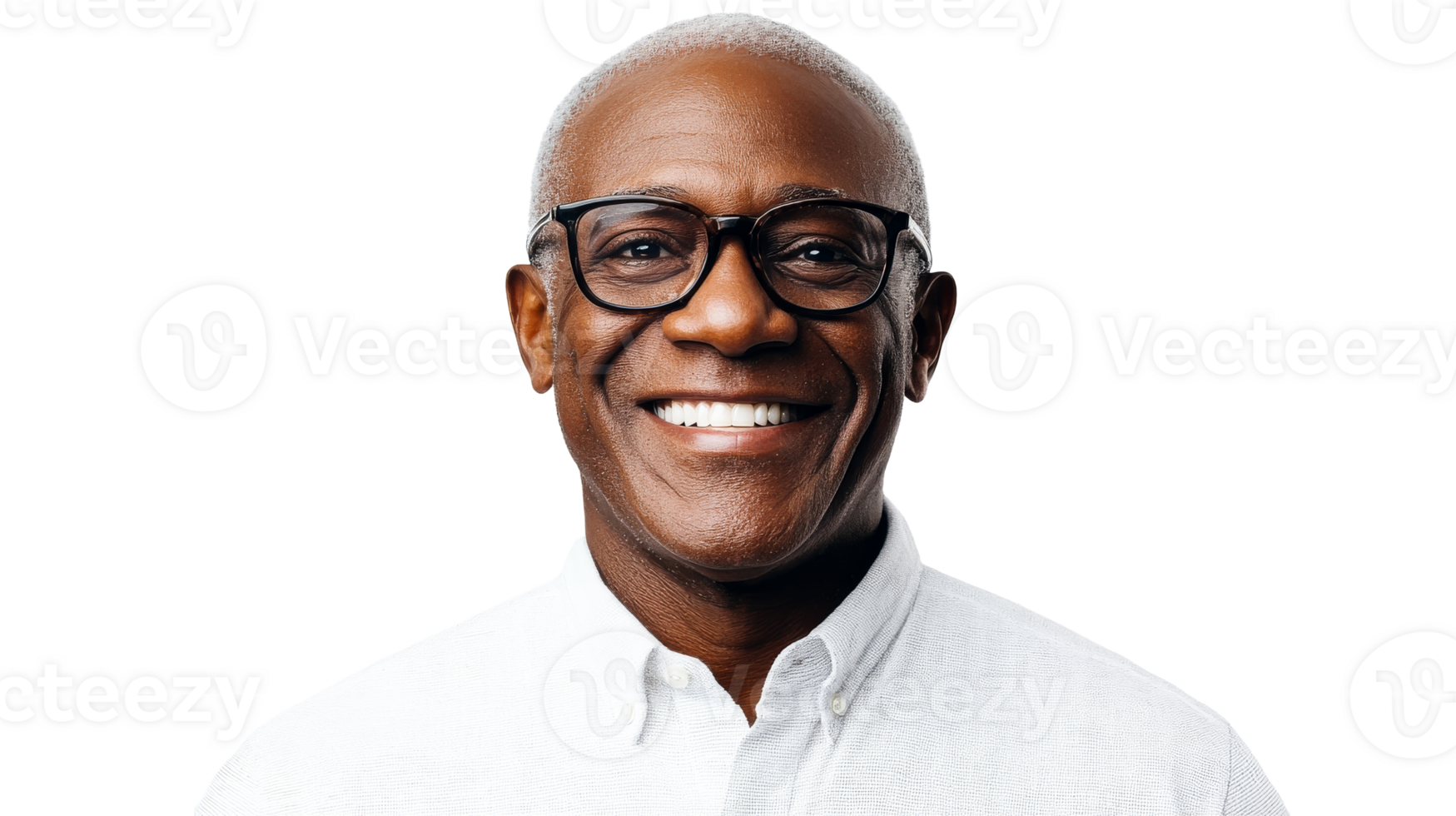 Mature man with eyeglasses smiling, full face view, cut out transparent png