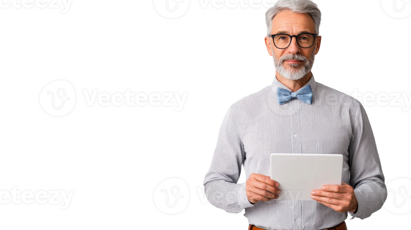 Senior gentleman using tablet wearing bowtie, cut out transparent png