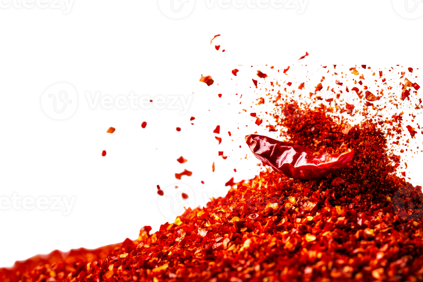 Chili flakes with chili pepper on black background, cut out transparent png