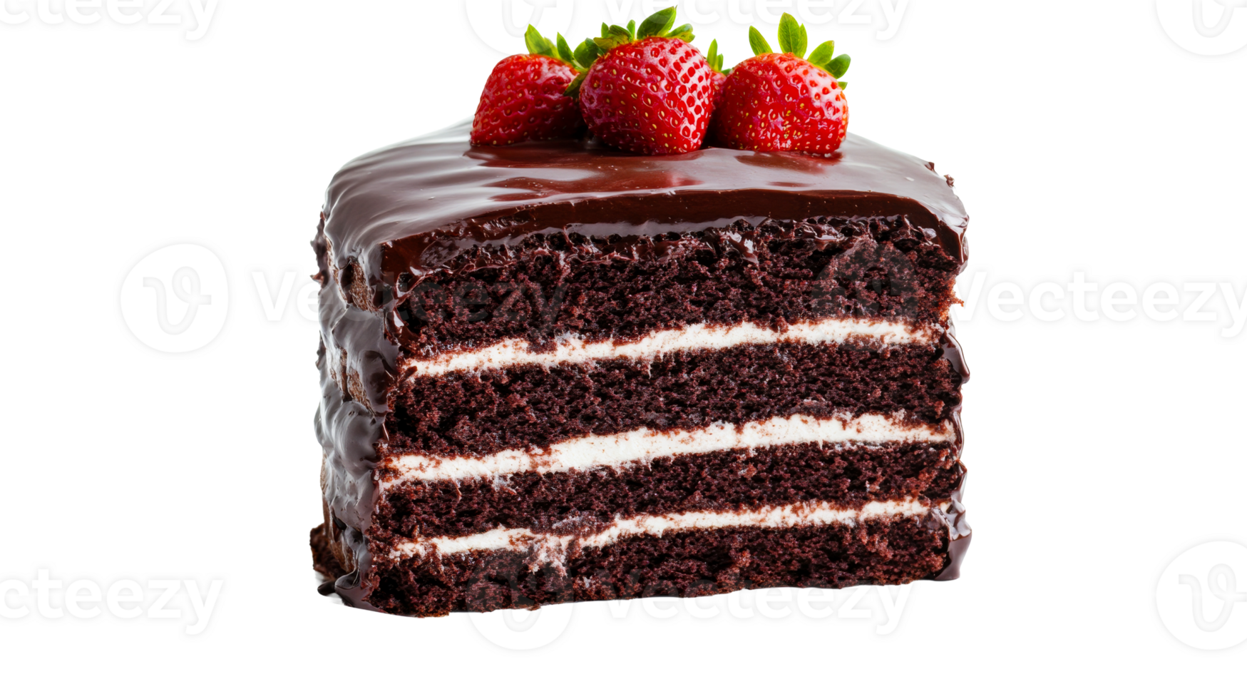Chocolate cake slice with cream and strawberries, cut out transparent png