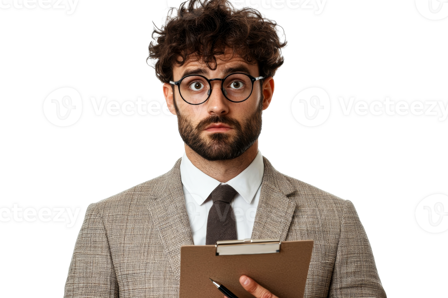 Portrait of surprised man with clipboard in tweed jacket, cut out transparent png
