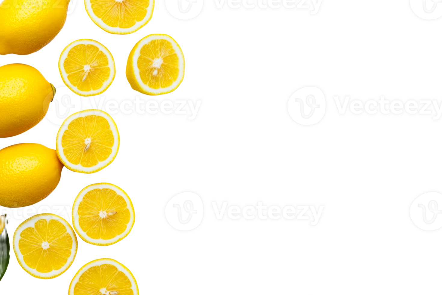 Fresh lemons and lemon slices arranged creatively on white background png