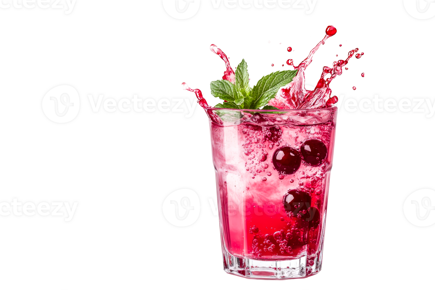 Summer cocktail with cherries and splash, refreshment idea, cut out transparent png