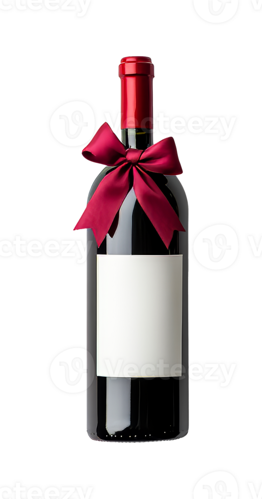 Elegant red wine bottle with bow and blank label, cut out transparent png