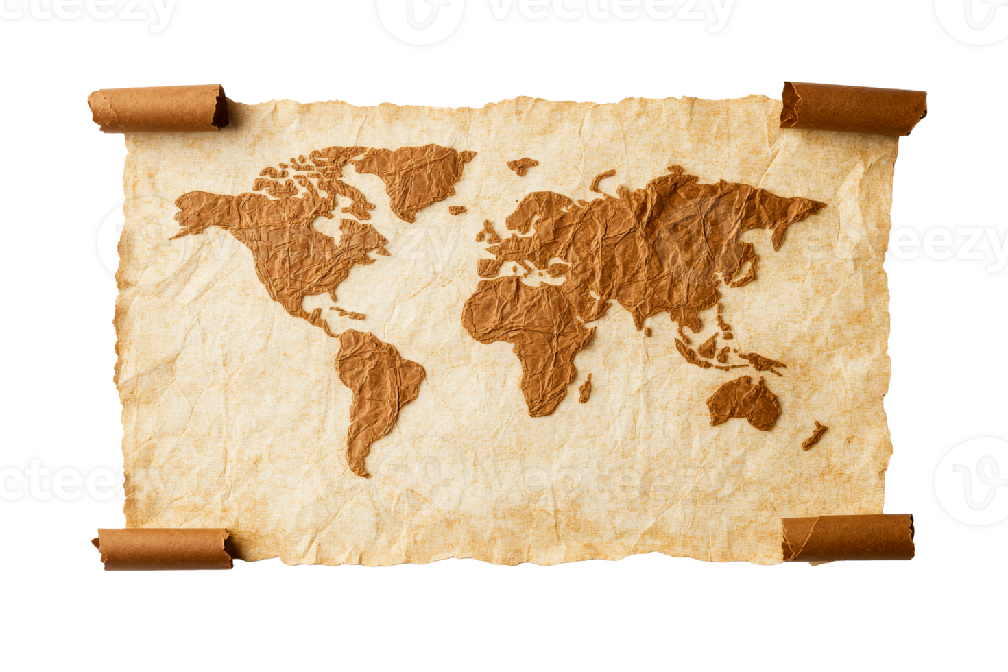 World map on old scroll, historical cartography background, cut out transparent png