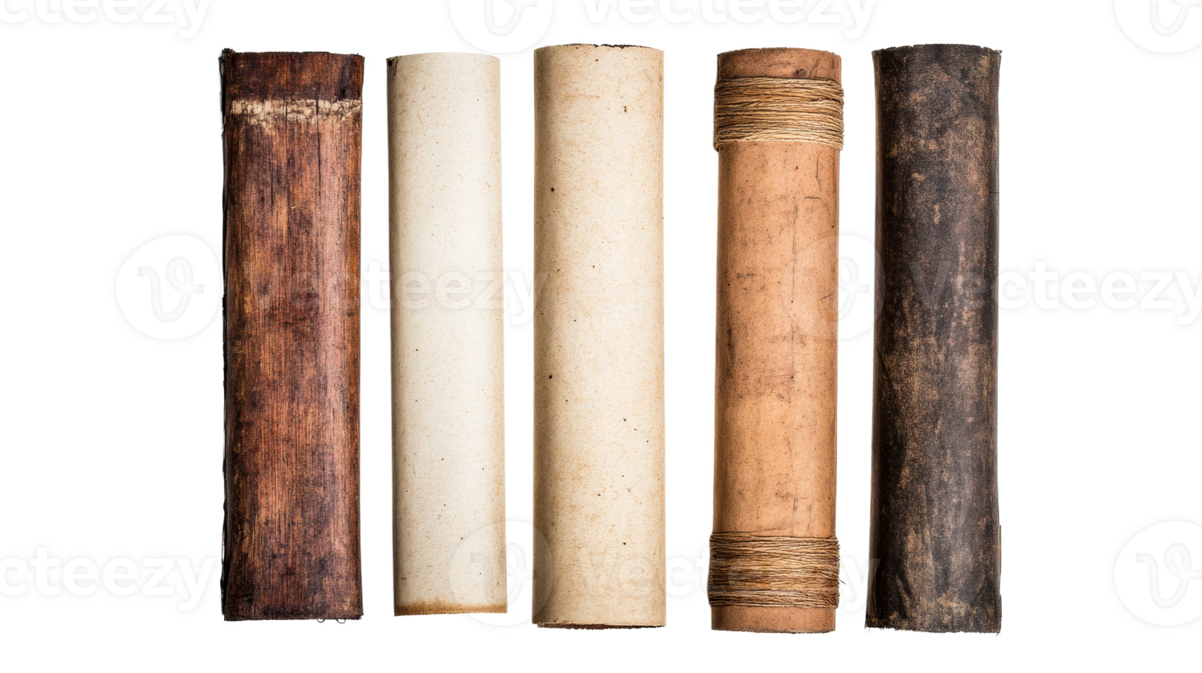 Ancient scrolls and papyrus rolls on black background, cut out transparent png