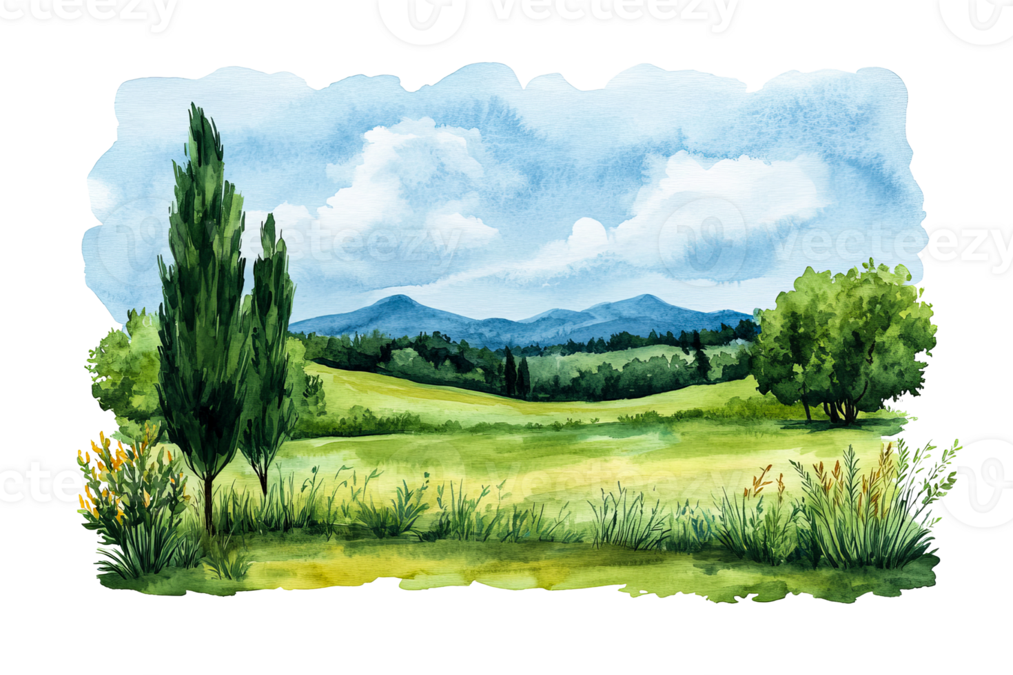 Tuscany landscape painting watercolor, cut out transparent png