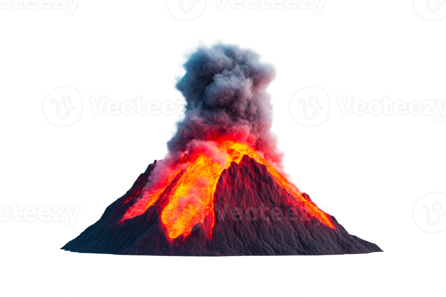 Volcano erupting with smoke and lava, detailed, isolated, cut out transparent png