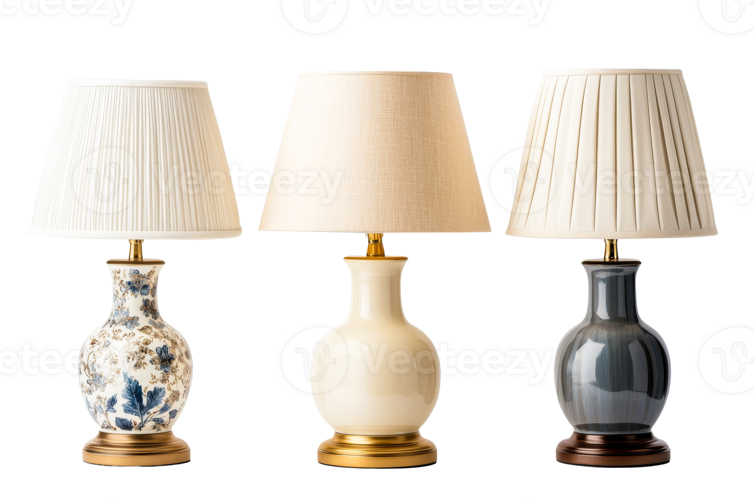Three stylish lamps on black background, cut out transparent png