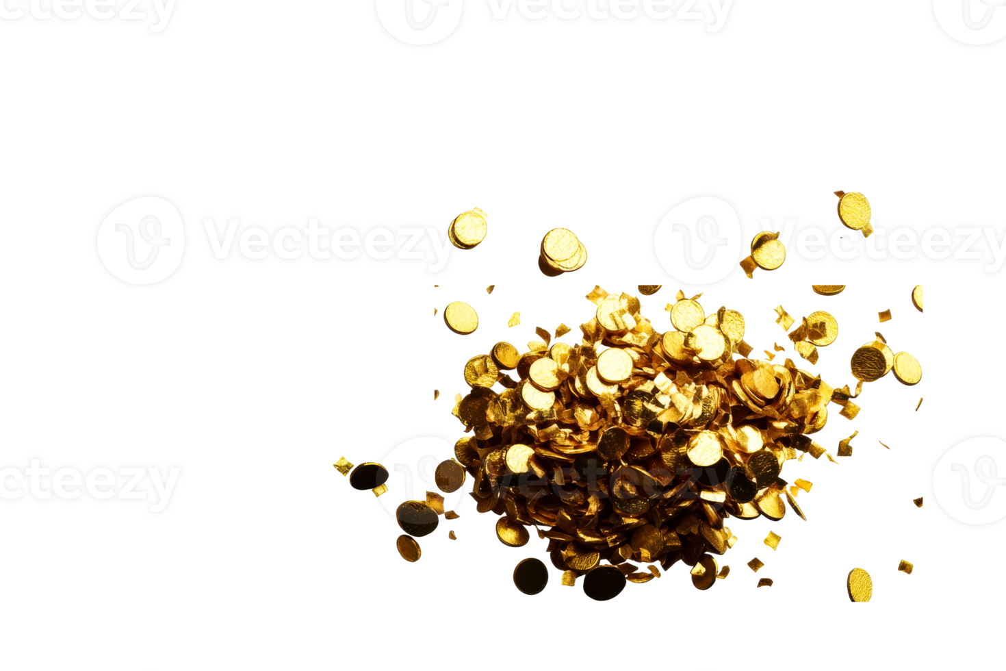 Pile of gold coins and glitter on black background, cut out transparent png