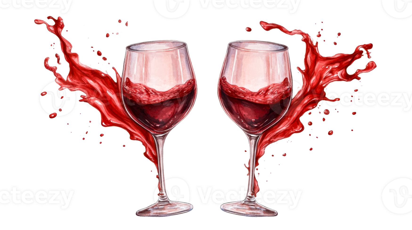Wine glasses splashing with red liquid, isolated, cut out transparent png