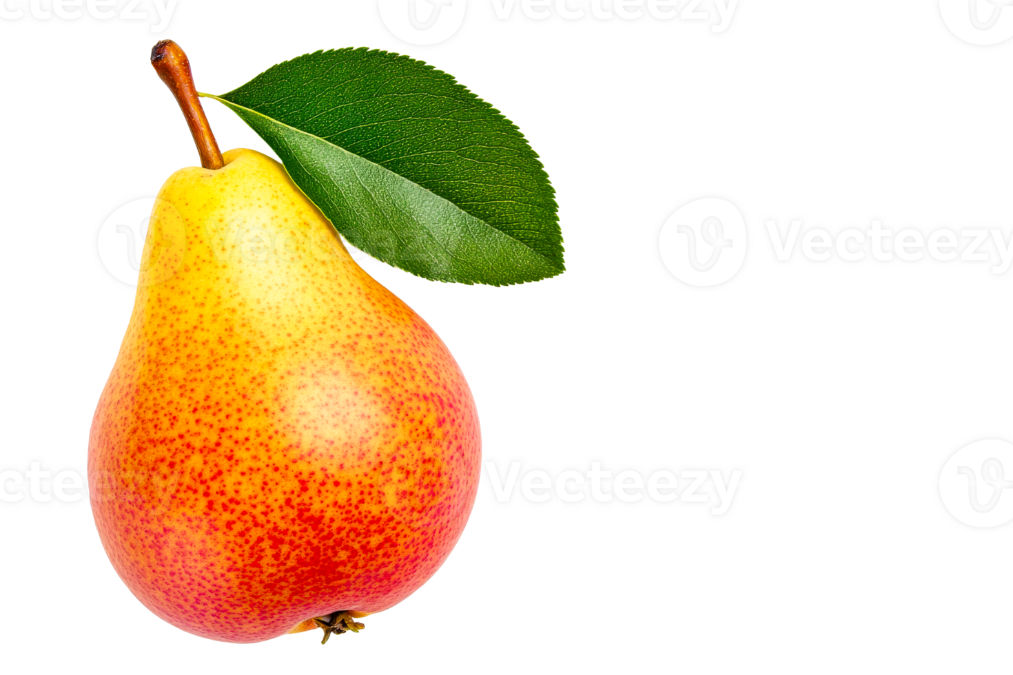 Ripe red yellow pear with leaf, cut out transparent png