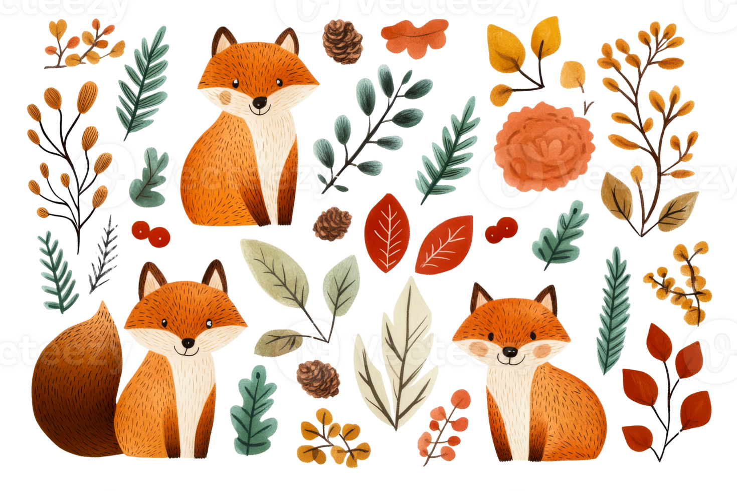 Cute foxes with autumn leaves and cones composition, cut out transparent png