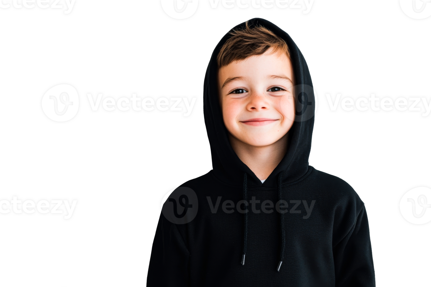 Young boy with happy smile wearing black hoodie, cut out transparent png