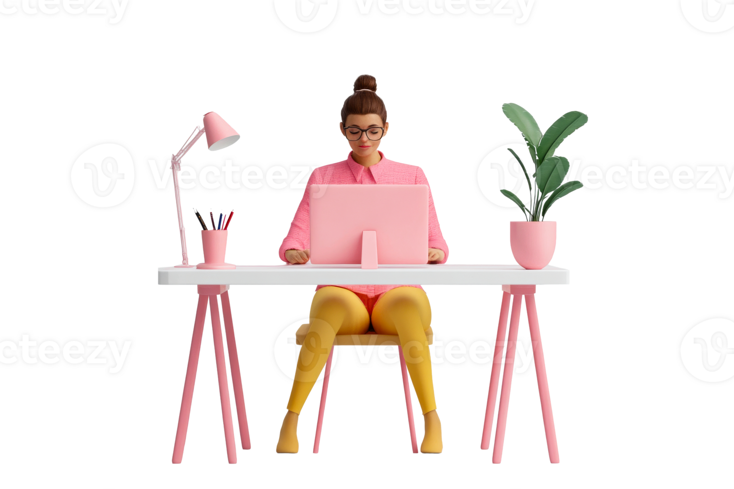 Woman at desk with computer and plant, working, pink theme, cut out transparent png