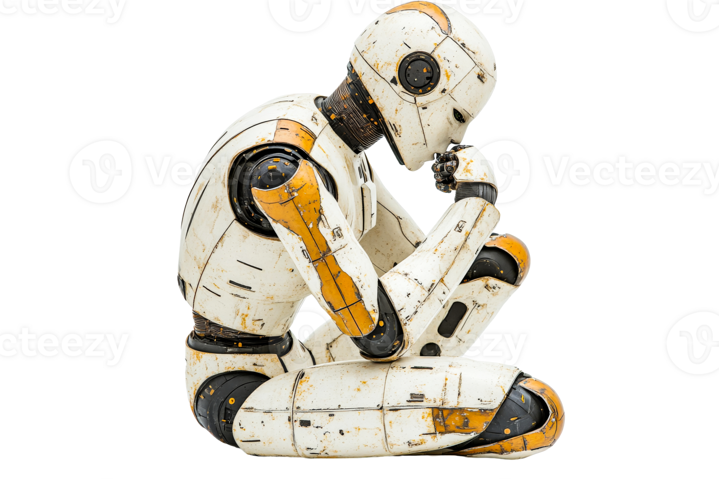 Thoughtful robot ponders with a hand on its chin, cut out transparent png