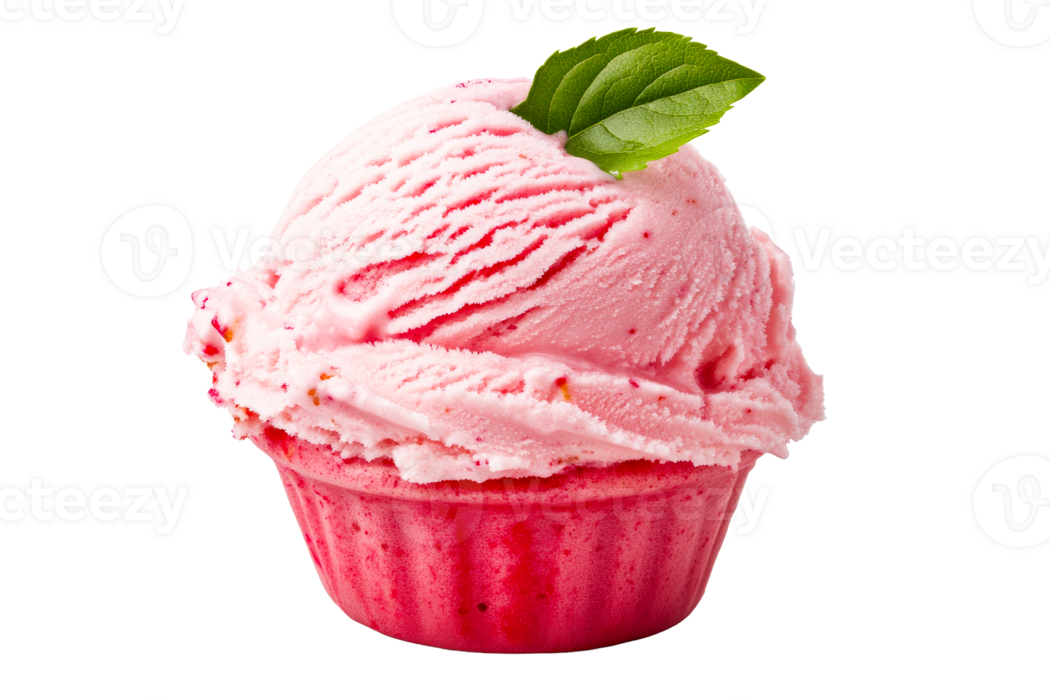Scoop of strawberry ice cream in a red cup, cut out transparent png