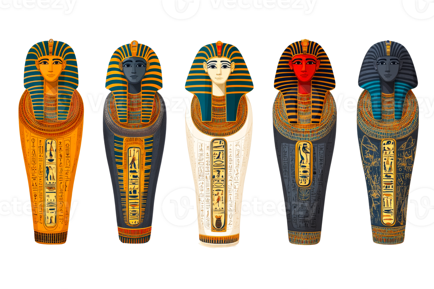 Five Egyptian sarcophagi with different design , cut out transparent png